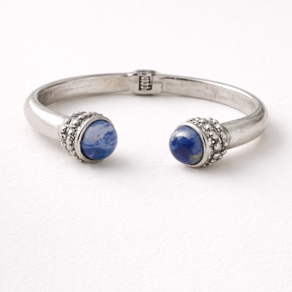 Jill Silver Tone Cuff Bracelet | Blue Stone Ends | Hinged Bangle Stack